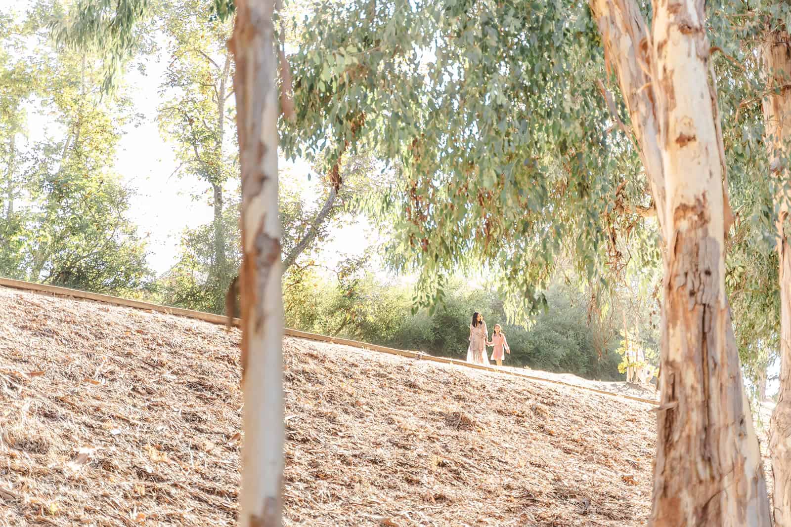 A mom and her toddler daughter walk through a park trail at sunset holding hands