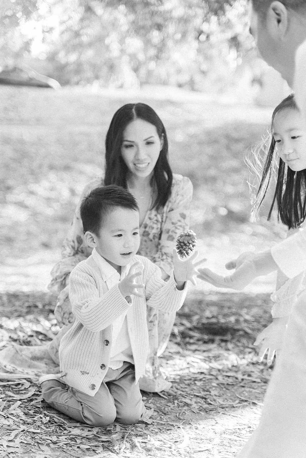 A young boy plays with a pinecone in a park with mom dad and older sister