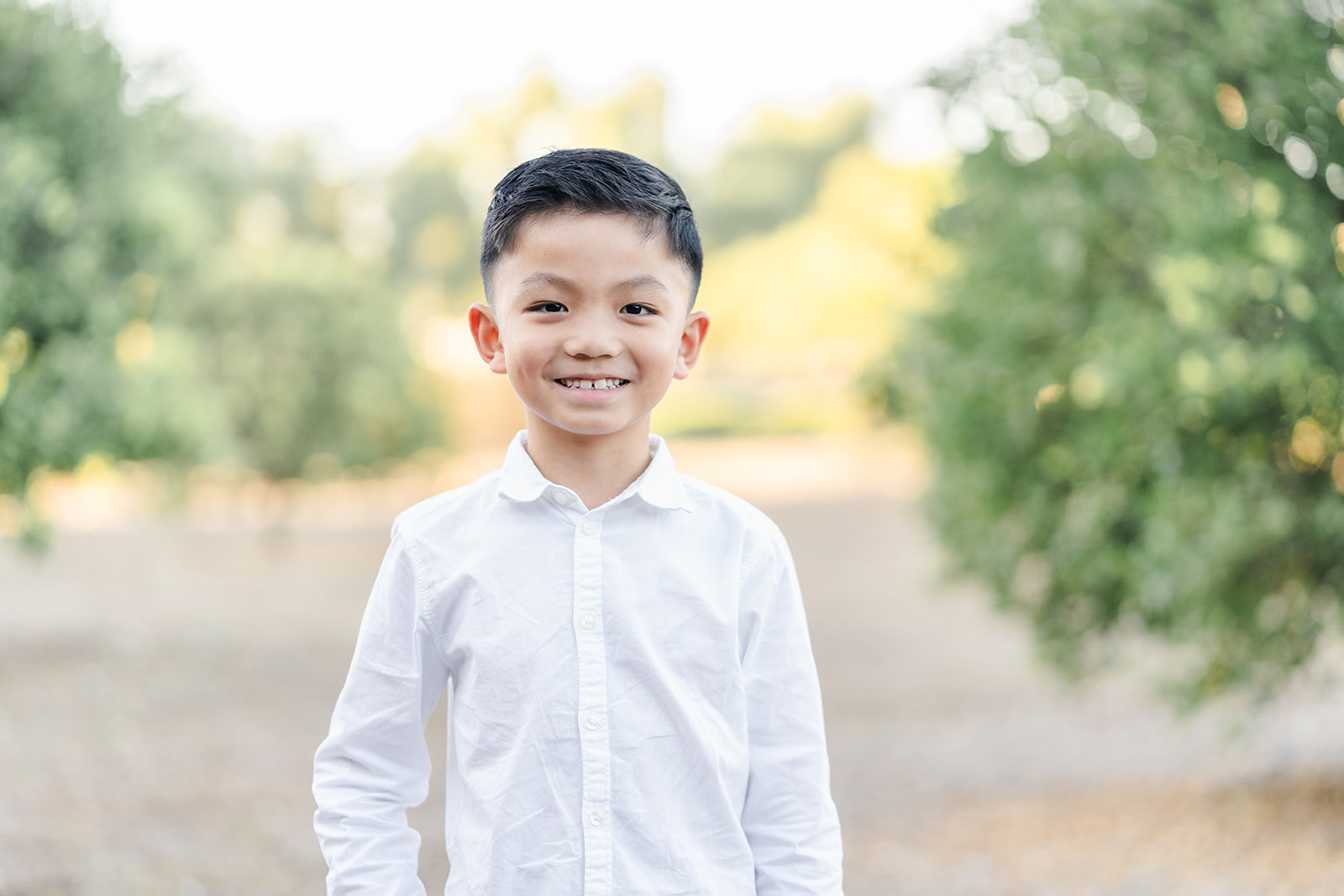 A young boy smiles while wearing a white button down in an orange grove before visiting a Newport Beach Orthodontist