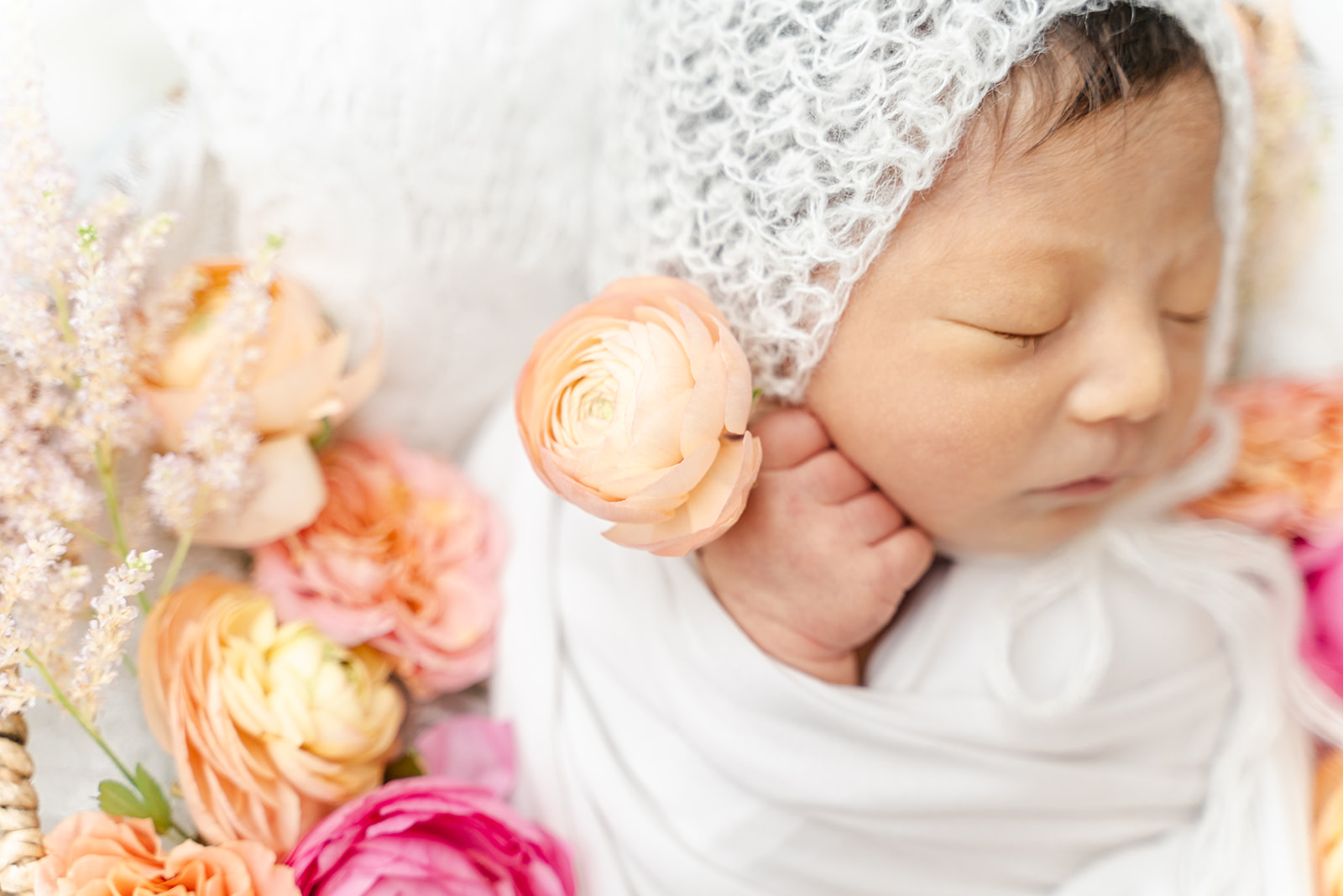 A newborn baby sleeps in a basket and knit bonnet while holding a pink flower thanks to Orange County Doulas