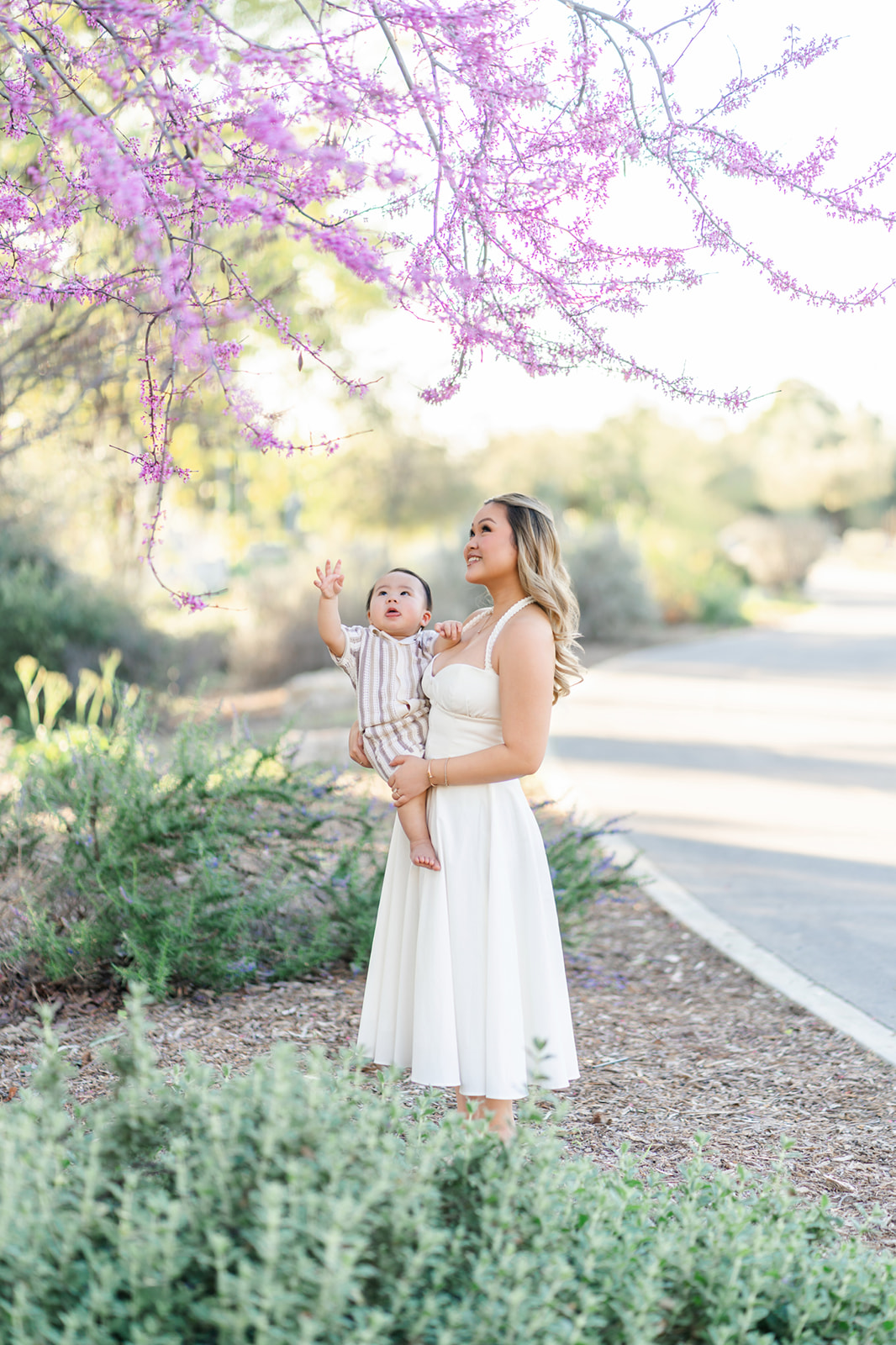 A mom shows a pink flowering tree to her baby
