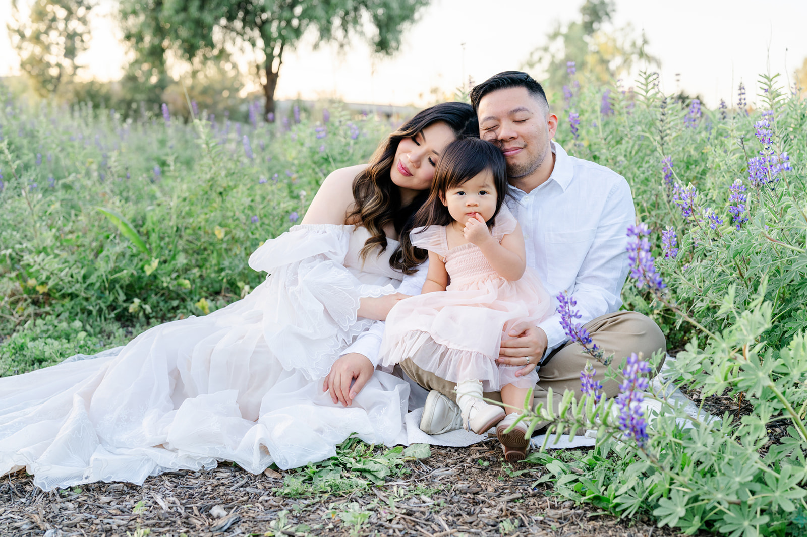 A toddler girl in a pink dress sits in mom and dad's laps while sitting among purple wildflowers at sunset before visiting Candeeland Santa Ana